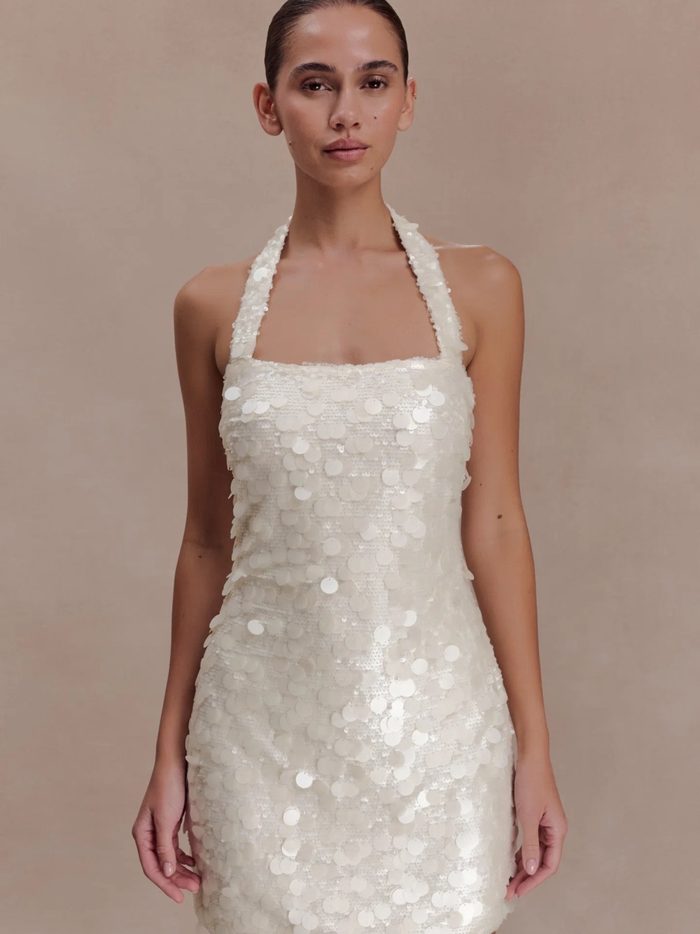 Meshki Sequin Halter Mini Dress - Ivory Caralee Bridal After Party